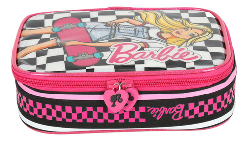Estojo Escolar Box Barbie de Skate Preto Xadrez Com divisorias Luxcel