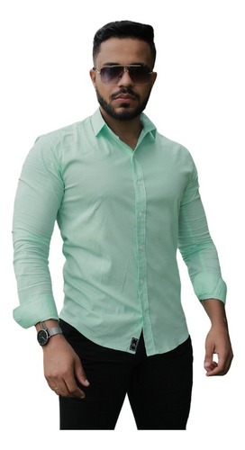 Camisa Social Masculina Slim Fit Manga Longa Verde Aguá