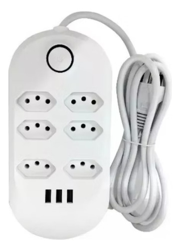 Extensão Régua Elétrica 2 Metros 10a Bivolt 6 Tomadas 3 Usb Branco