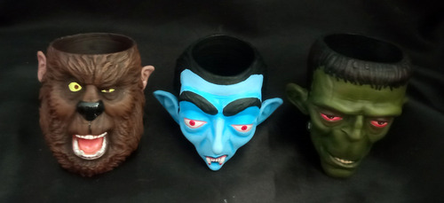 3 Macetas Monstruos- Dracula-frankenstein-hombre Lobo