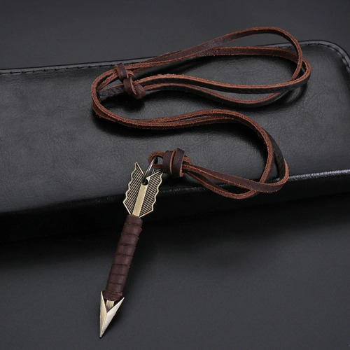 Kit 2 Cordão Colar Masculino Couro Legítimo Argolas + Flecha Cor Marrom-escuro
