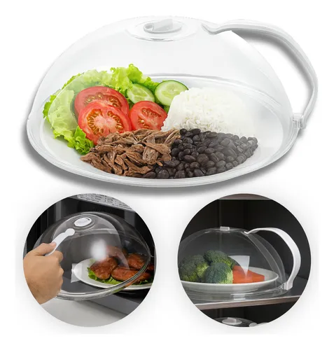 Tampa transparente para microondas com prato de comida contendo arroz, feijão, carne e salada