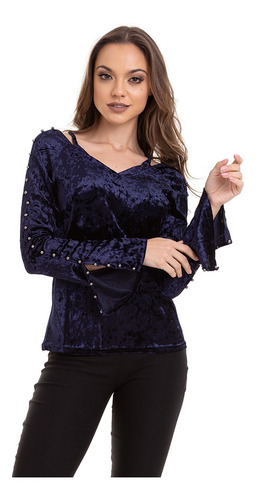Blusa Veludo Molhado Manga Longa Azul Kinara