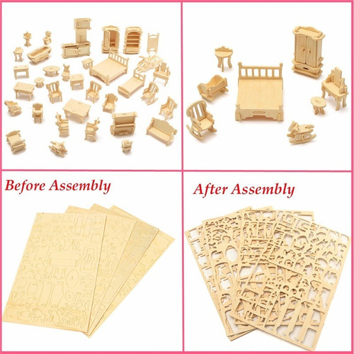 I 34pcs 3d Diy Muebles De Madera Miniatura Casa De Muñecas