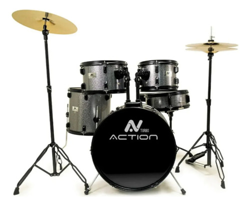 Bateria Acustica Turbo Action Completa Bumbo 22 Silver Prata
