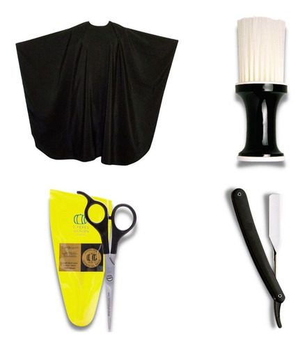 Imagen 1 de 1 de Combo Peluquero Barbero Tijera Navaja De Corte Brocha Capa