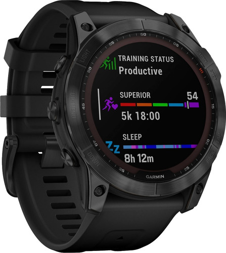 Smartwatch Garmin Zafiro Solar Fenix 7X 1.4" caja 51mm de polímero reforzado con fibra negra, malla negra de silicona y bisel black de titanio y dlc