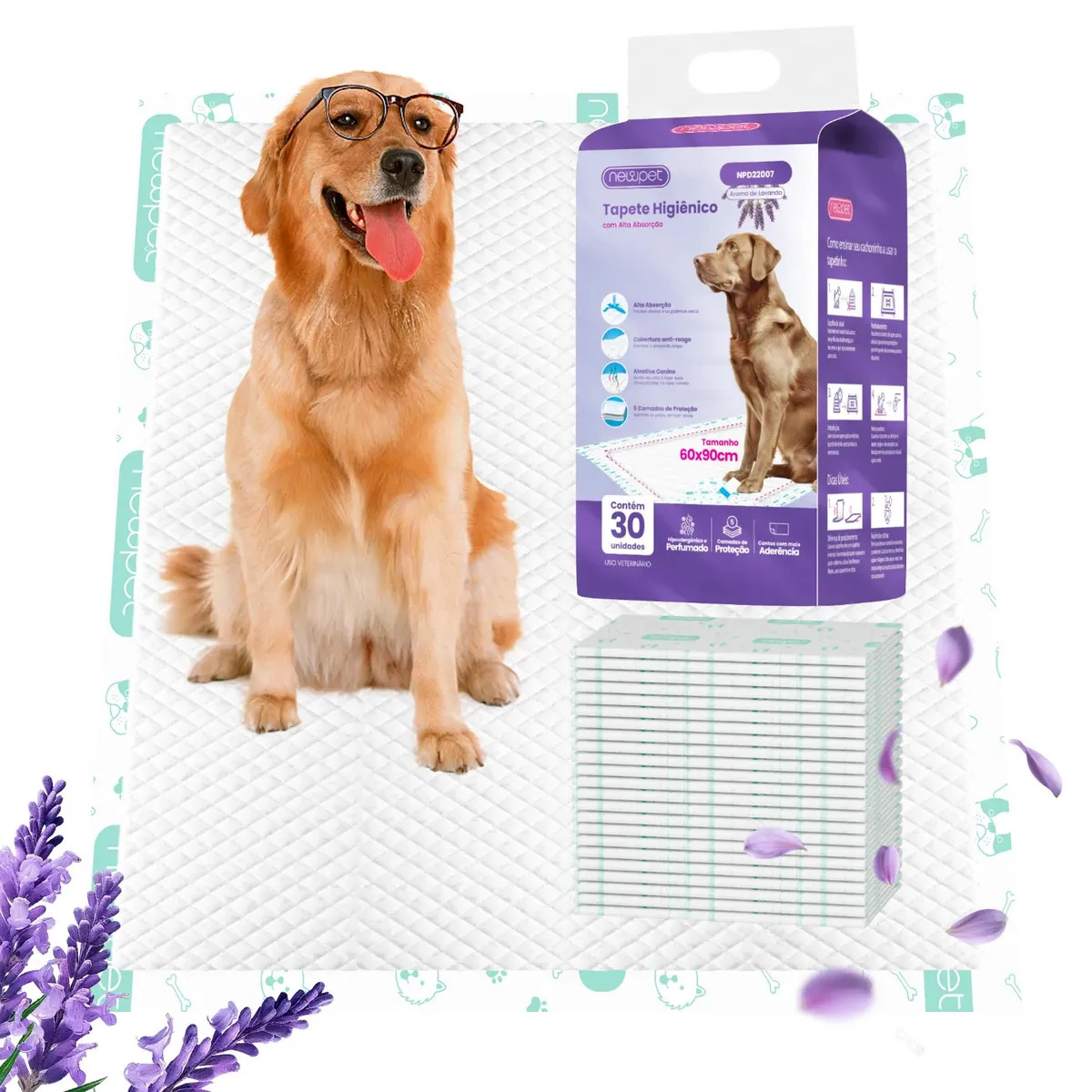 Tapete Higiênico Descartável New Pet com Aroma Lavanda, 90x60cm – Pack de 30 Unidades