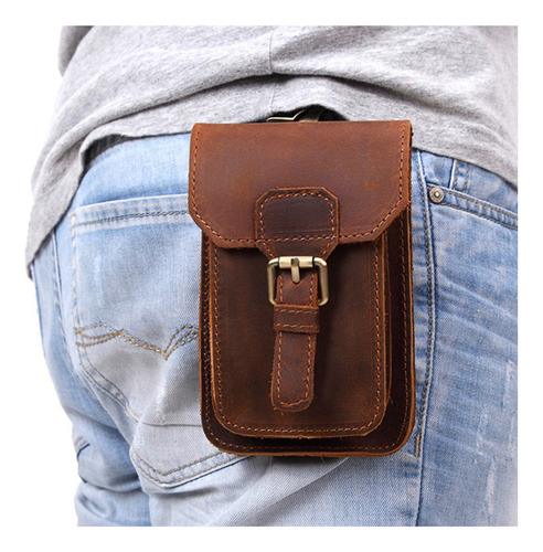 Bolso Cintura De Hombre Marrón Cuero Genuino Portacelular
