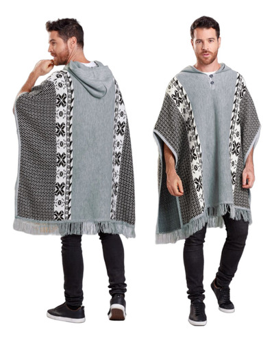 Ruana Poncho Hombre Tejida Liviana Urbana Con Capota