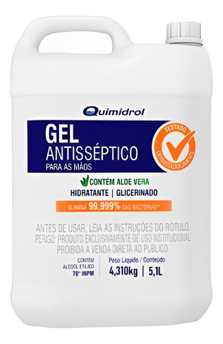 Alcool Gel Antisséptico 70gl Quimidrol C/ Aloe Vera 5,1l