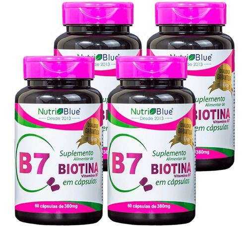 4x Biotina 380mgfirmeza Crescimento Saúde Cabelos Unhas Pele Sabor Sem Sabor