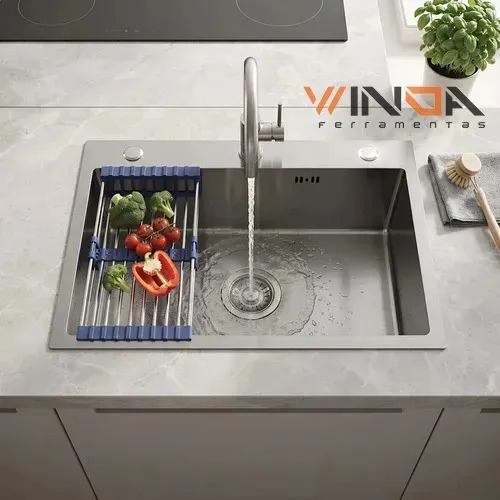 Cuba Gourmet Cozinha Inox 60x45x21cm com Escorredor Ajustável, Dosador de Detergente, Válvula e Manta Antirruído para Pia de Cozinha WINDA