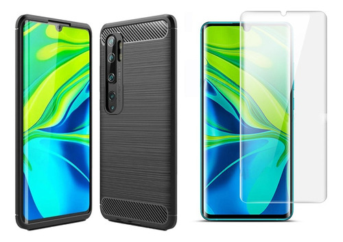 Funda Carbono Fiber + Vidrio Uv Para  Xiaomi Mi Note 10 Pro 