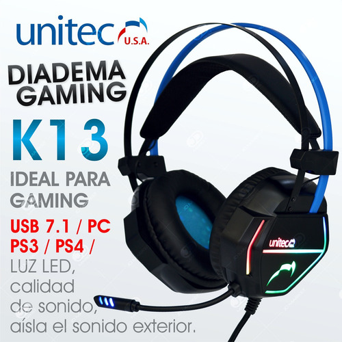Diadema Gamer Unitec K13, Usb 7.1 Virtual Ps3/ps4/pc Luz Led