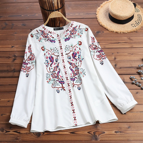 Mujeres Boho Impreso Floral Tops Blusa Poleras Blanco M