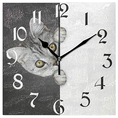 Gato Divertido Reloj De Pared Cuadrado Blanco Y Negro S...