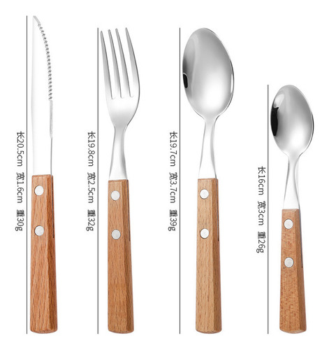 Juego Cubiertos Acero Inox 4pz - Mangos Madera Para Diario