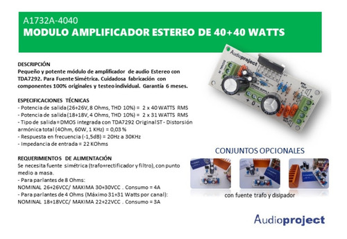 Imagen 3 de 7 de Modulo Amplificador Estereo 40+40 Watts - Audioproject