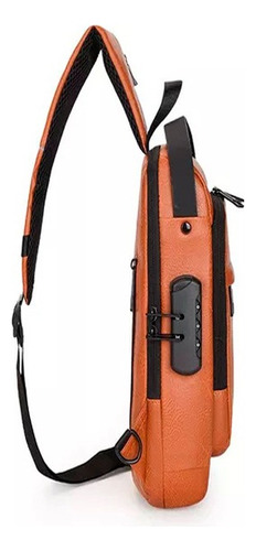 Mochila Pechera Cruzada Antirrobo + Impermeable + Usb Marrón Claro Eco Cuero