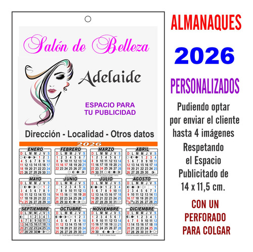 Almanaques 2026 Personalizados +1 Perforado Colgar 200 Udad Almanaques Personalizados Impresos Full Color