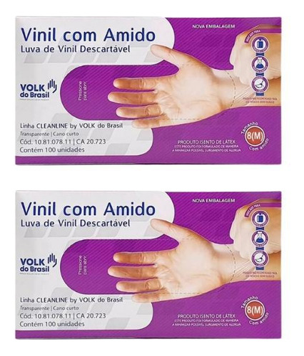 Luvas Vinil Volk Com 100un Media Com Amido - Kit C/2un