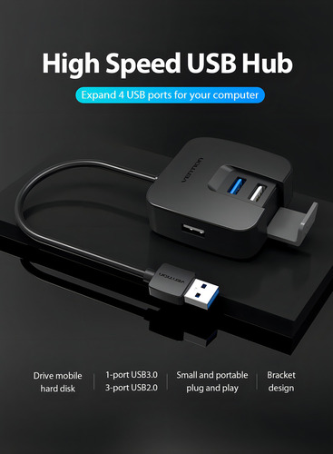 Hub USB 3.0 Vention 4 en 1 Multipuerto USB a 3 puertos USB 2.0 mas 1 USB 3.0 5gbps 0.15 Metros CHABB