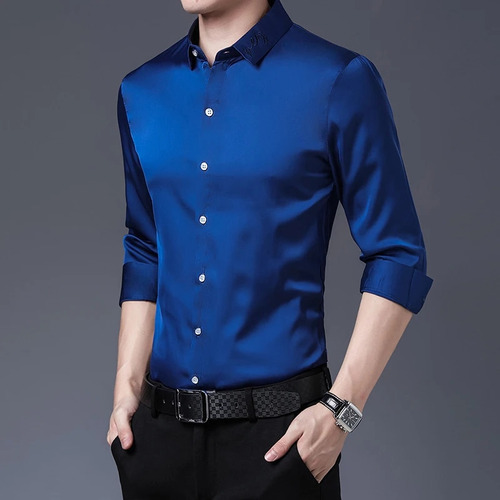 Camisa Bordada De Seda Azul Real Para Hombre, Manga Larga Pa