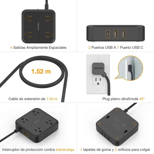Regleta De Enchufe Plano Ultrafina, 4 Salidas, 3 Usb Tipo C