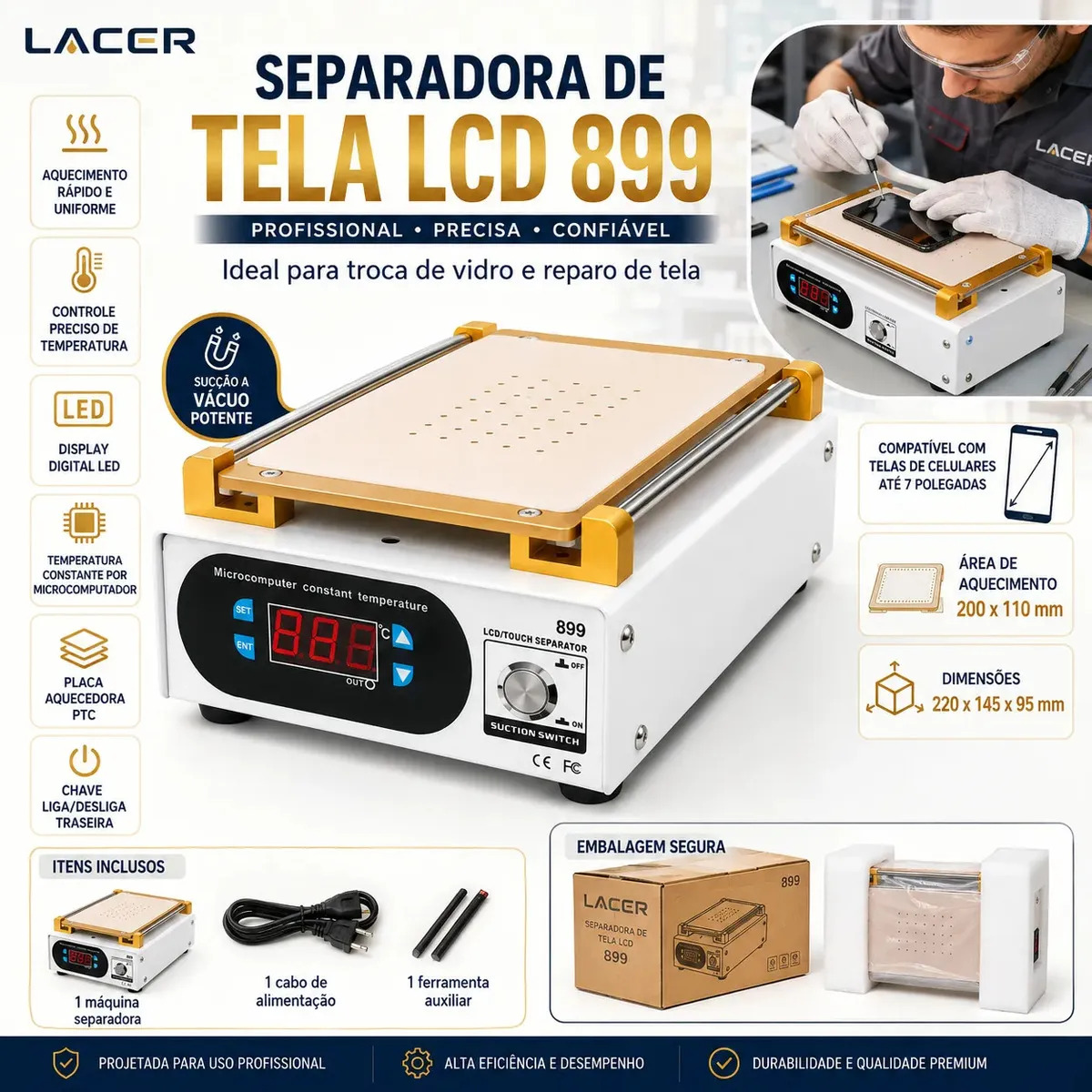 Máquina Separadora de Tela LCD Celular 899 até 7 Pol Aquecimento PTC, Sucção a Vácuo, Controle Digital de Temperatura, Placa Aquecedora Profissional para Assistência Técnica e Repa