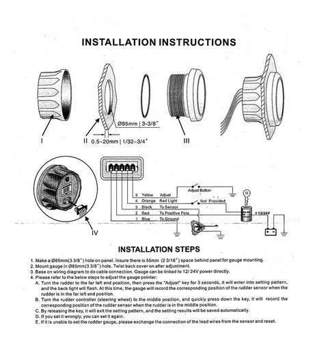 Indicador De Ángulo De Timón Marino Universal 85mm 0-190ohm