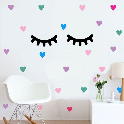 Adesivo Decoração Quarto Menina Cílios Coração Colorido