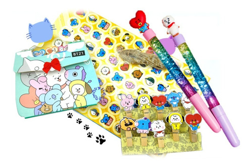 Kit Papeleria Kawaii Bt21 Bts 2 Plumas, 1 Libreta, 10 Pinzas