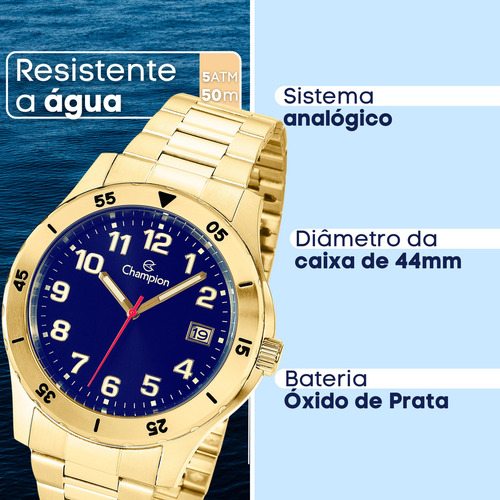 Relógio Champion Masculino Aço Dourado A Prova D'água Original Ca31355a Cor Do Visor Azul Cor Do Bísel Dourado Cor Da Pulseira Dourado