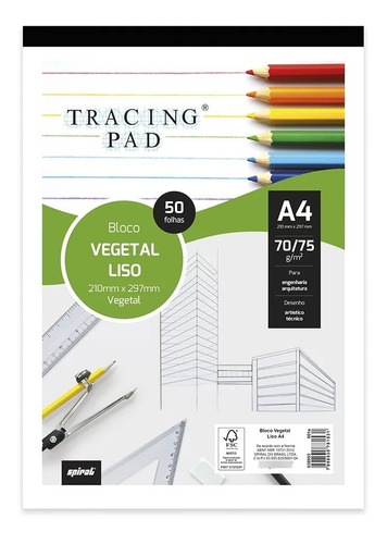 Bloco Desenho Papel Vegetal Liso A4 70/75g Tracing Pad 