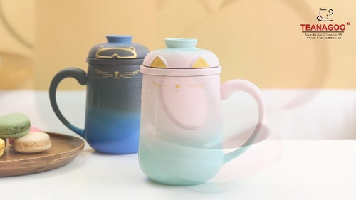 Azul marino 460 ML Tazas de té de cerámica alta con asa y tapas TEANAGOO Taza infusor de té de cerámica Gato con tapa Juego de tazas de té japonesas grandes para gatos con difusor/colador 