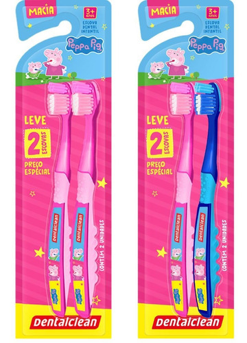 Kit 2 Escova Dental Peppa Pig Macia - 3 Anos+ - Dentalclean Cor Rosa