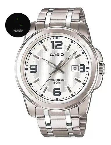 Reloj pulsera Casio Enticer MTP-1314 de cuerpo color plateado, analógico,  para hombre, fondo negro, con correa de acero inoxidable color plateado,  agujas color gris, blanco y rojo, dial blanco y gris, minutero/segundero