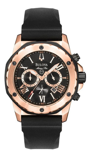 Reloj Pulsera Bulova Marine Star 98b104 De Cuerpo Color Rosa, Analógico, Para Hombre, Fondo Negro Color Negro Y Hebilla Simple