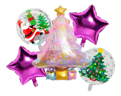 Kit 5pz Globos Metalicos Navidad Arbol Decoracion Fiesta