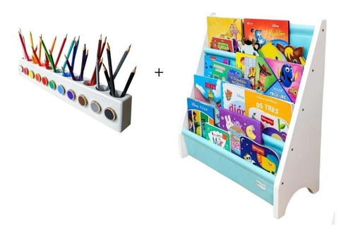 Kit Rack Para Livros Infantil + Porta Lápis De Colorir
