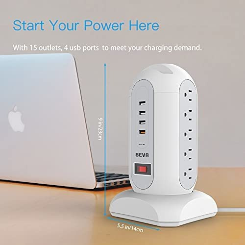 15 Outlets 4 USB Ports Desktop Charging Station with Overload Protection Circuit Breaker for Home Office Hotel Dorm-ETL Listed BEVA Surge Protector 5.4ft Retractable Extension Cord Power Strip Tower 