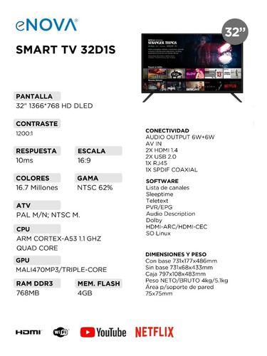 Imagen 2 de 6 de Smart Tv 32 Pulgadas Led Enova 31d1s Netflix Youtube