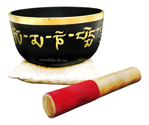 Sino Tigela Tibetana Preta Dourada 16,5cm Bastão Almofada