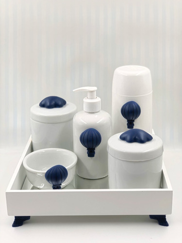 Kit Higiene Porcelana Apliques Azul Marinho Temas Garrafa
