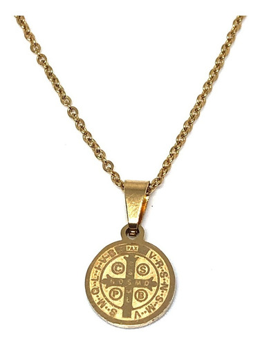 Imagen 2 de 3 de Collar Acero Inoxidable Dorado Medalla San Benito 1.2 Cm