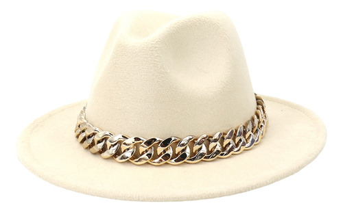 Sombrero Fedora Unisex De Ala Ancha Con Cadena Dorada Y Ala