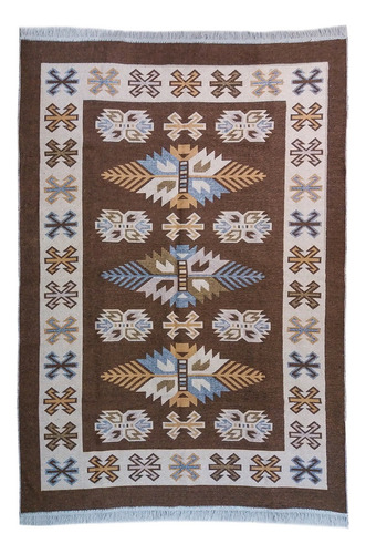 Tapete Sala Kilin Gashgai 100x140 Dupla Face Tribal Handmade Cor Marrom Desenho Do Tecido Geométrico
