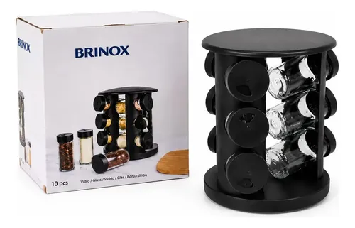 Porta-Temperos Brinox Giratório de Vidro com 9 Potes, Preto