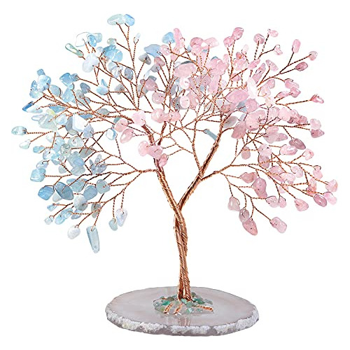 Árbol De Cristal De Cuarzo Rosa Y Aguamarina Hecho Man...